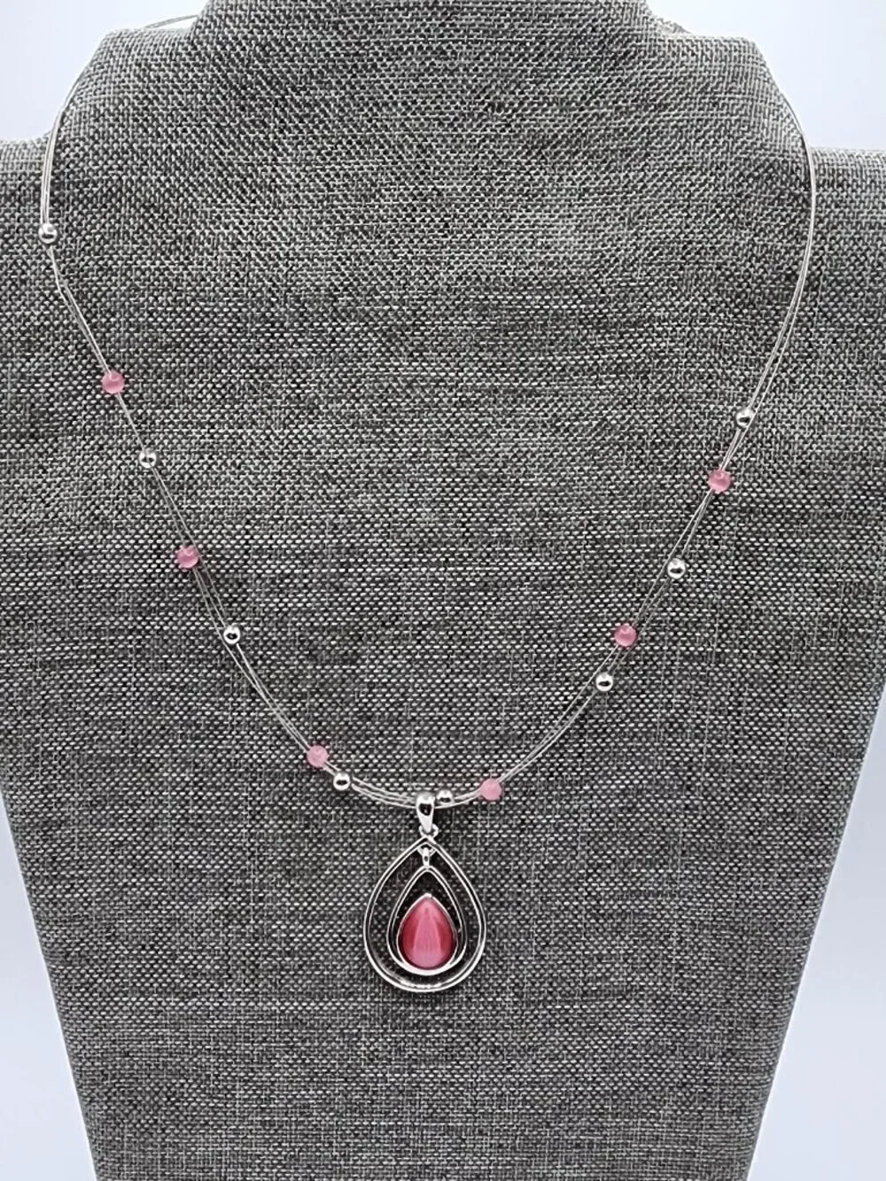 LIA SOPHIA COTTON CANDY Silver Pink Teardrop Floating Bead Signed Necklace
